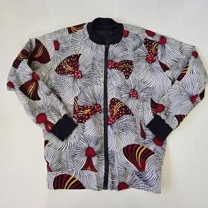 African Wax Print Ankara Jacket Womens XL Bomber White Red Abstract Embellished‎